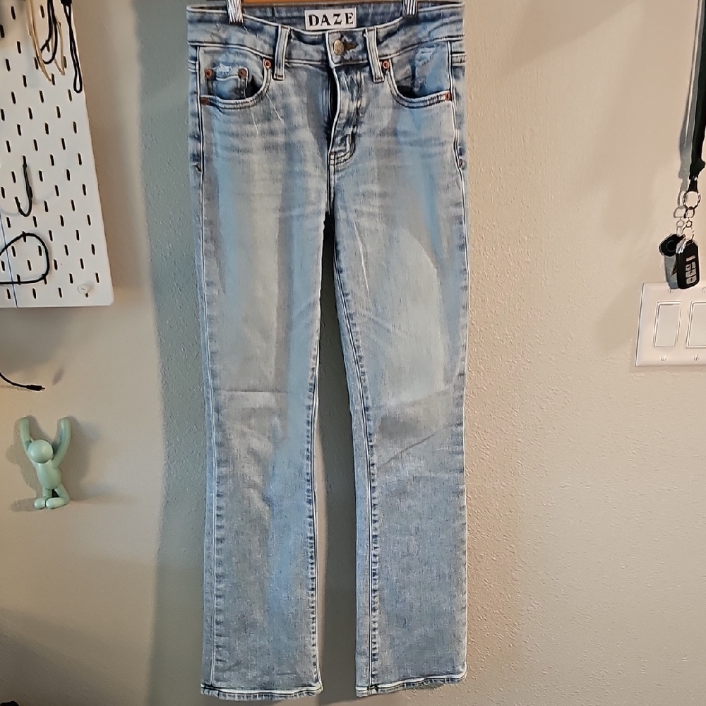 Blue Straight Leg Jeans with Distressed Details